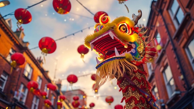 Ein chinesischer Drachenkopf, der an einer Lichterkette hängt