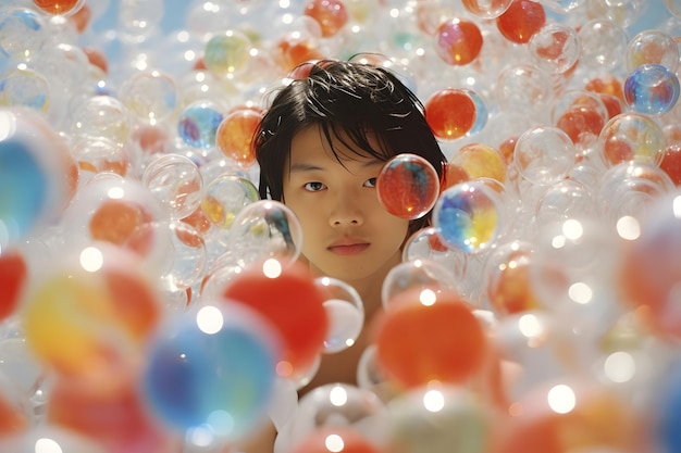 Ein chinesischer Junge, der in einer farbigen Glaskugel sitzt, erkundet den Weltraum
