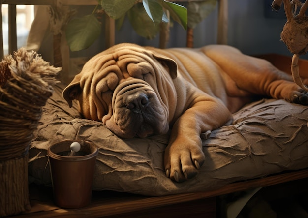 Ein chinesischer Shar Pei ruht sich auf einem gemütlichen Hundebett aus und genießt einen entspannten Nachmittag