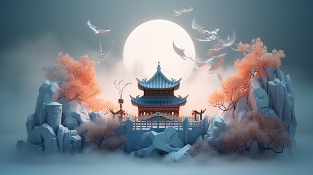 Ein chinesischer Tempel im Winter mit einem Mond dahinter