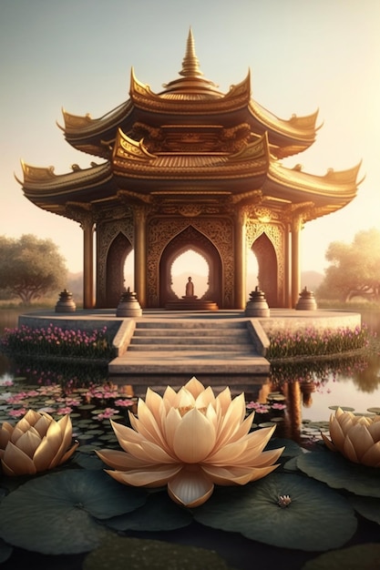 Ein chinesischer Tempel mit einer Lotusblume im Vordergrund.