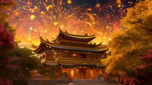 Ein chinesischer Tempel mit Feuerwerk im Hintergrund