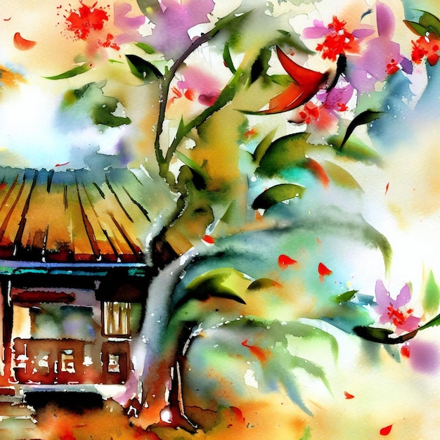 Foto ein chinesisches haus mit einem blühenden baum im aquarell-tintenstil