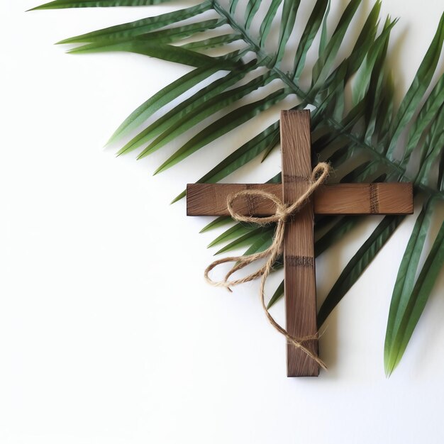 Foto ein christliches holzkreuz-kreuzzeichen mit grünen palmblättern als religiöser feiertag palmsonntag