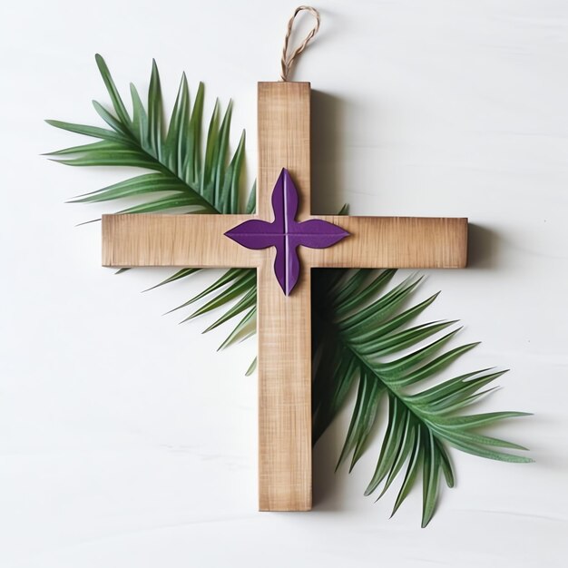 Ein christliches Holzkreuz-Kreuzzeichen mit grünen Palmblättern als religiöser Feiertag Palmsonntag