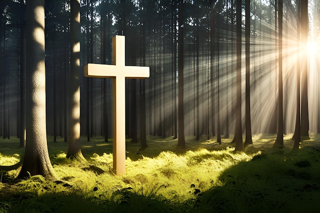 Ein christliches Kreuz im Wald mit den Sonnenstrahlen, die durch die Bäume fallen