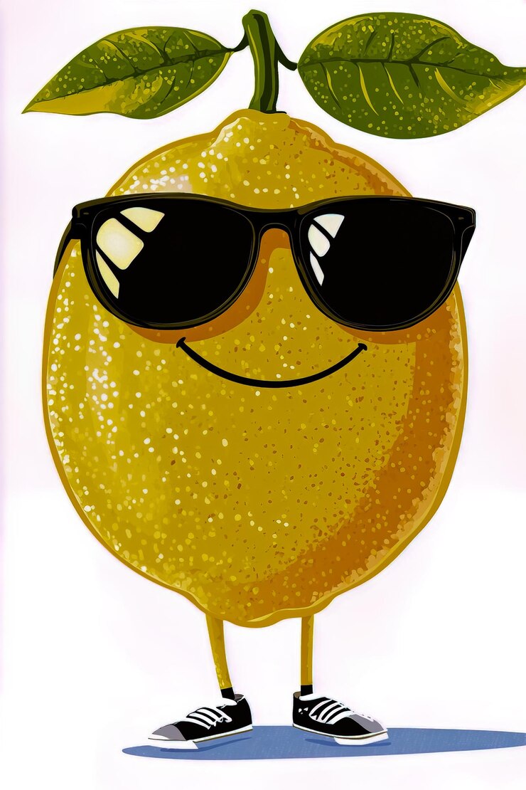 Foto ein clipart eines zeichentrickfiguren mit zitronen und sonnenbrille, der in einem lustigen und lebendigen vektorstil dargestellt wird