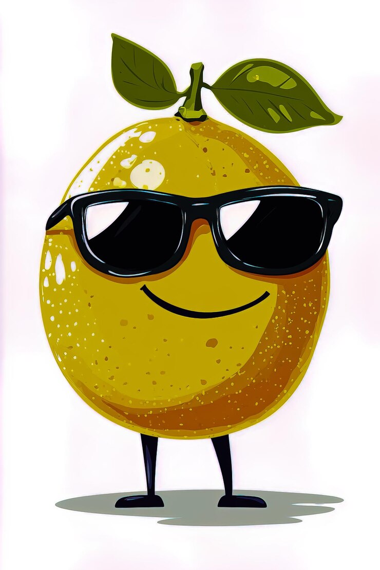 Foto ein clipart eines zeichentrickfiguren mit zitronen und sonnenbrille, der in einem lustigen und lebendigen vektorstil dargestellt wird