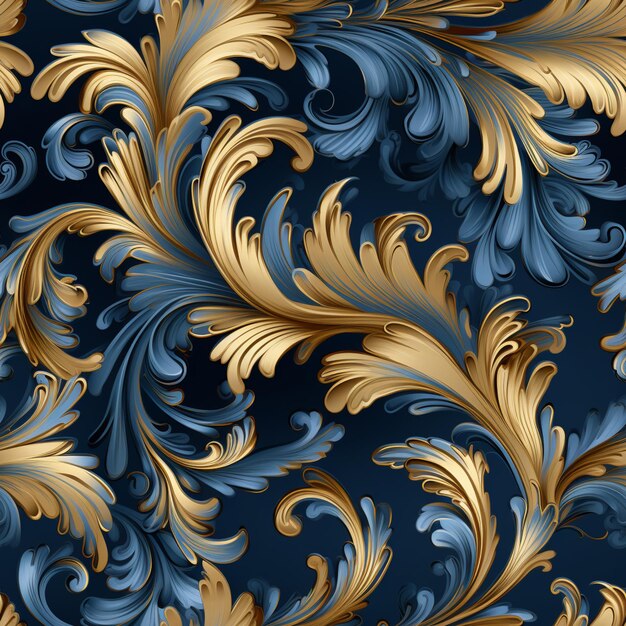 Ein Close-up einer blauen und goldenen Tapete mit einem Muster aus Blättern