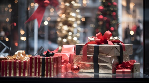 Ein Close-up eines Black-Friday-Verkaufsschildes in einem Boutique-Fenster, umgeben von Luxusgütern