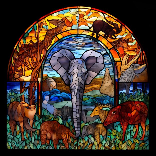 Ein Close-up eines Buntglasfensters mit Tieren in ihm