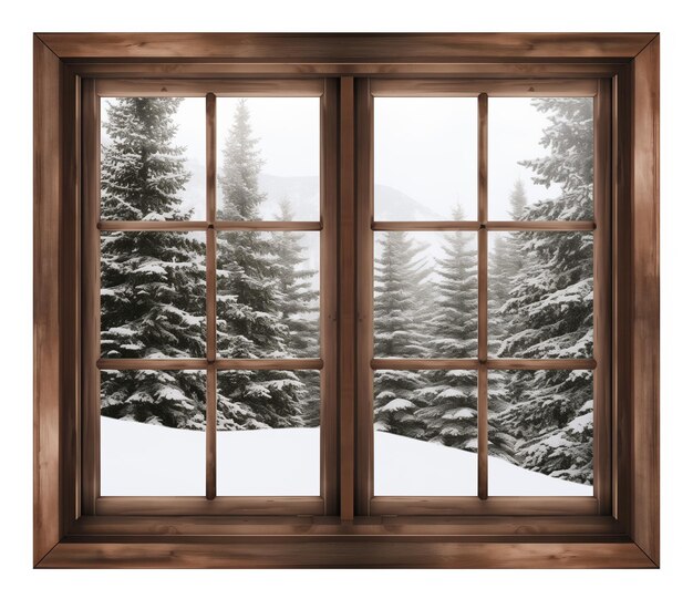 Foto ein close-up eines fensters mit einer schneebedeckten aussicht auf bäume