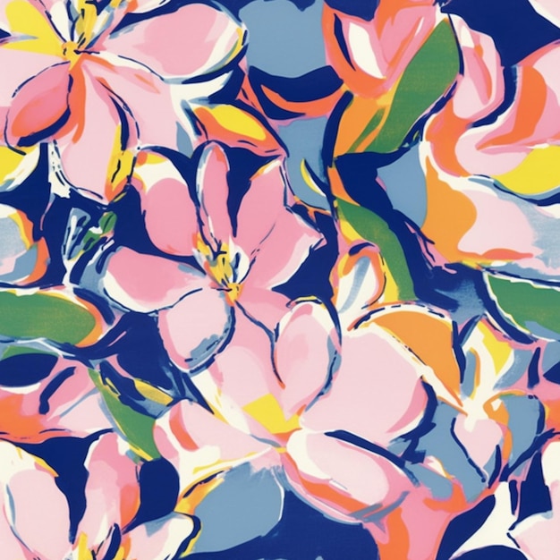 ein Close-up eines Gemäldes von Blumen auf einem blauen Hintergrund generativ ai