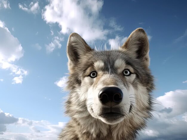 ein Close-up eines Hundes mit Wolken im Hintergrund