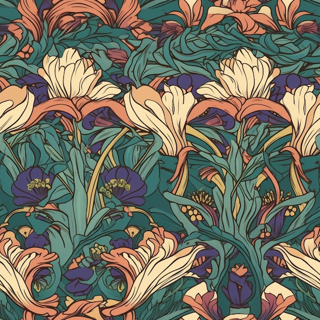ein Close-up eines Muster von Blumen und Blättern generative ai