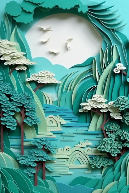 Ein Close-up eines Papierschnittes eines Wasserfalls und Bäume generative ai
