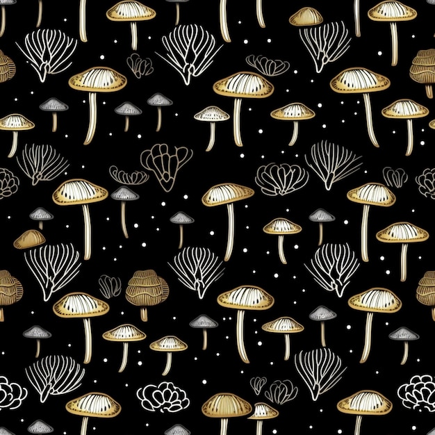Ein Close-up eines schwarz-goldenen Pilzmuster mit Bäumen generative ai