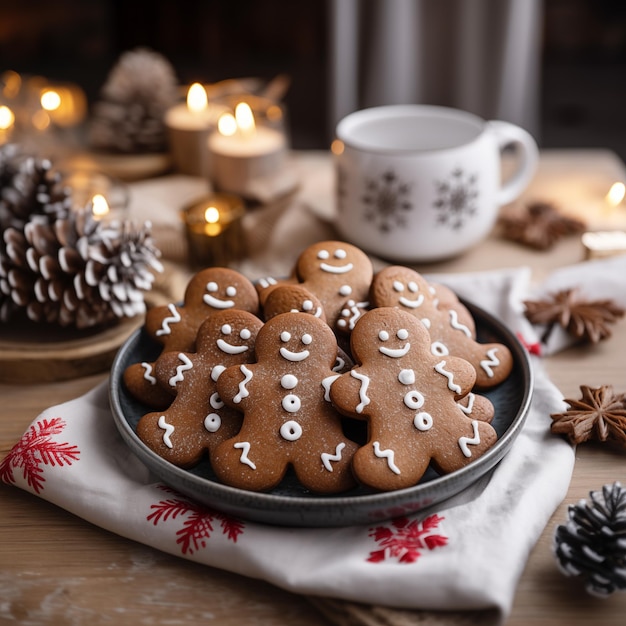Foto ein close-up-foto von einem teller, der mit weihnachts-gingerbread-mann-kuchen gefüllt ist