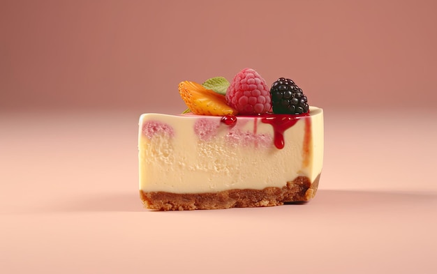 Ein Close-up-Käsekuchen auf einem pastellfarbenen Hintergrund, süßes Dessert, gebackenes Essen.