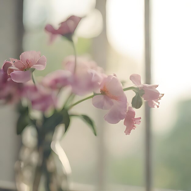 ein Close-up von Blumen mit der Sonne, die durch das Fenster scheint