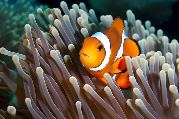 Ein Clownfisch schwimmt in einer Anemone mit einem weißen und schwarzen Streifen.