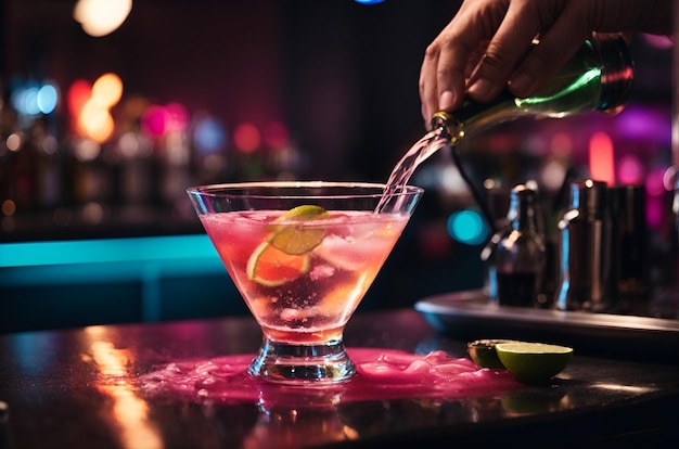 ein Cocktail in einer Bar mit neonfarbener Baratmosphäre machen