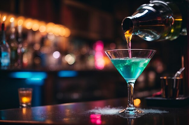 ein Cocktail in einer Bar mit neonfarbener Baratmosphäre machen