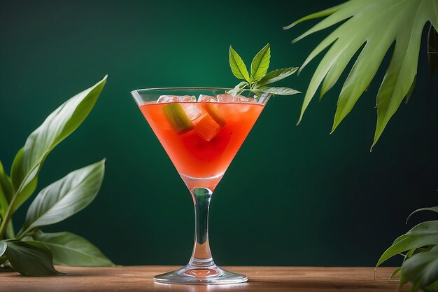 Ein Cocktail mit einem grünen Blatt im Hintergrund