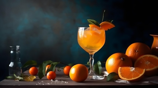 Ein Cocktail mit Orangen und ein Glas Orangen auf einem Tisch