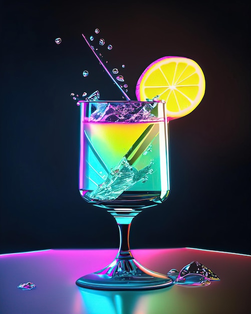 Ein Cocktailglas mit einem Getränk im Inneren, das das Getränk spritzt, sitzt auf einem Stand mit einer Scheibe Zitronenneon