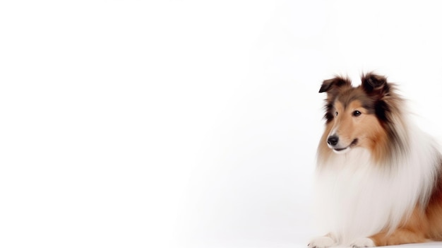 Ein Colliehund sitzt vor einer weißen Wand.