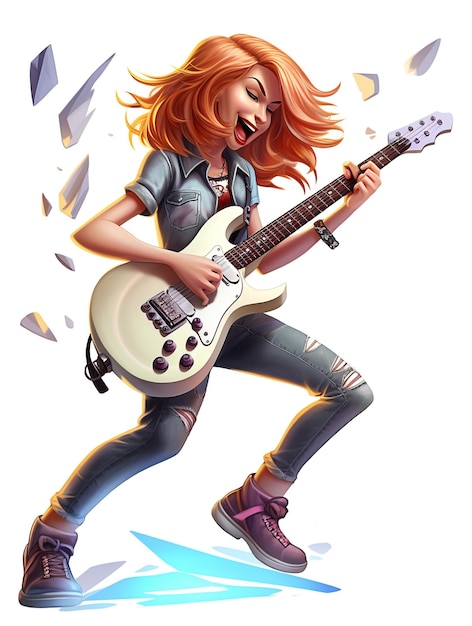 Ein Comicbild einer Frau, die Gitarre spielt, mit dem Wort Rock darauf.