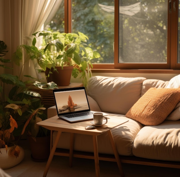 ein Computer auf einer Couch in einem Wohnzimmer mit einer Topfpflanze