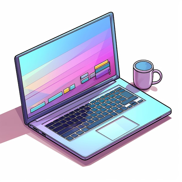 ein Computer mit einem bunten Bildschirm und einem Kaffeekopfen darauf