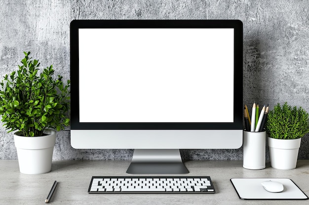 Ein Computer mit einem leeren weißen Bildschirm auf einem Büro-Desk-Mockup