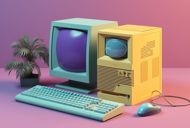 Ein Computer mit Maus und Tastatur auf rosa Hintergrund.