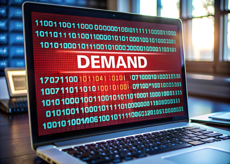 Ein Computerbildschirm, auf dem eine Lösegeldforderung mit verschlüsselten Datendateien angezeigt wird