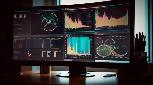 Ein Computerbildschirm, auf dem mehrere Finanzberichte und Grafiken und Torten angezeigt werden, die die Idee der Datenanalyse und strategischen Entscheidungsfindung in der Unternehmensführung Generative KI darstellen