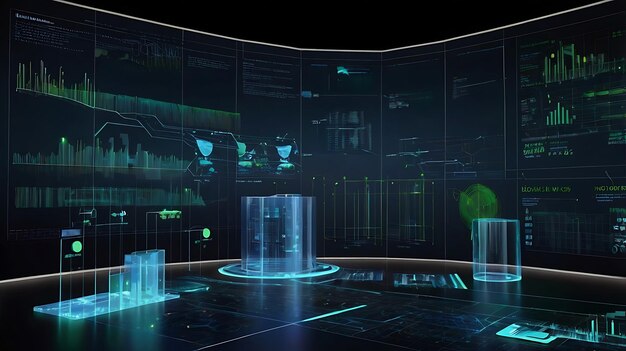 ein Computerbildschirm mit dem Wort Grafik, digitalen Datenelementen und holographischen Diagrammen