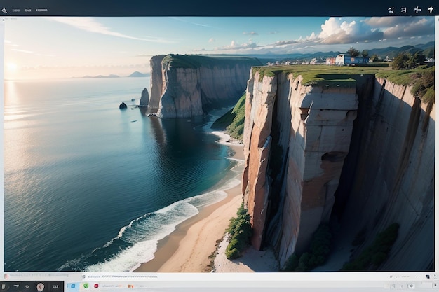 Ein Computerbildschirm mit einem Foto einer Klippe und den Worten „The Sea“ auf der Unterseite.