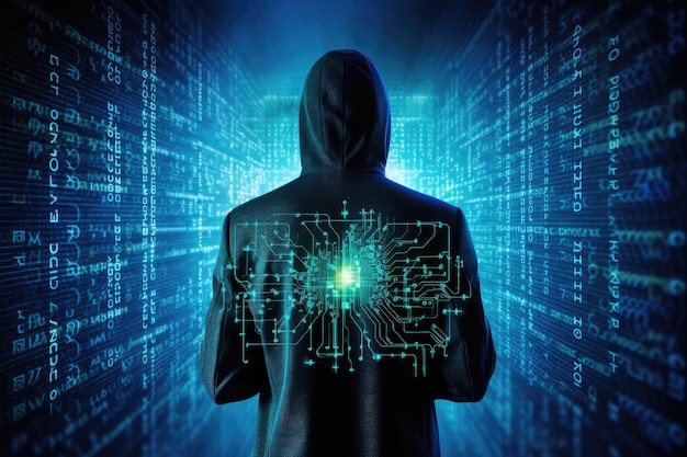 Ein Computerhacker steht vor einem Cyber-Sicherheitskonzept im Hintergrund von Dateninformationen