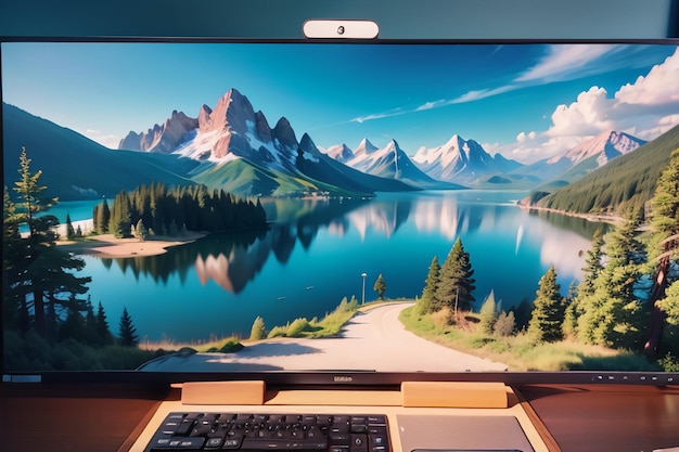 Foto ein computermonitor mit einem bild einer bergszene auf dem bildschirm.