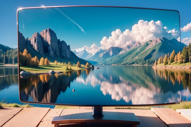 Foto ein computermonitor zeigt eine landschaft mit bergen und einem see.