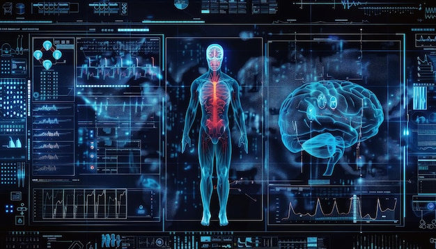 Ein Computermonitor zeigt einen menschlichen Körper und ein Gehirn anhand eines künstlich erzeugten Bildes