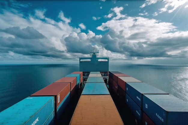 Ein Containerschiff liegt im Ozean mit dem Wort „Container“ an der Seite.