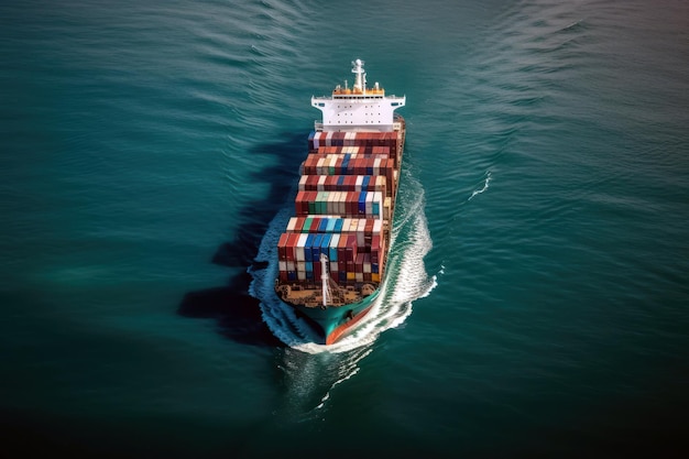 Ein Containerschiff segelt im Ozean.