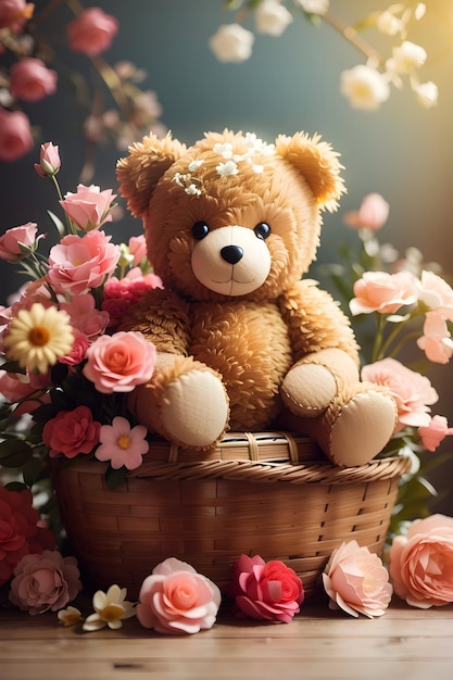 Ein cooler brauner Teddybär sitzt auf einem Korb mit schönen Blumen