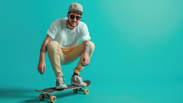 Ein cooler junger Skater mit Mütze und Sonnenbrille fährt zuversichtlich auf seinem Skateboard