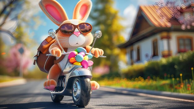 Ein cooler Osterhase fährt mit gemalten Eiern auf einer Frühlingsstraße auf einem Roller