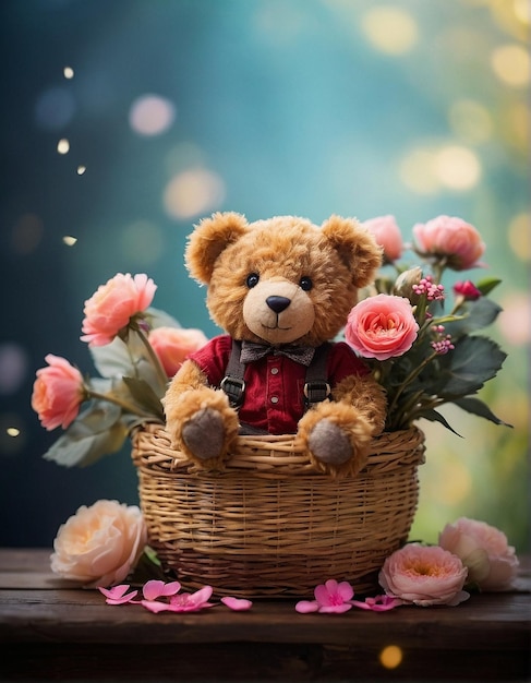 Foto ein cooler teddybär im stil sitzt auf einem korb mit schönen lebendigen blumen